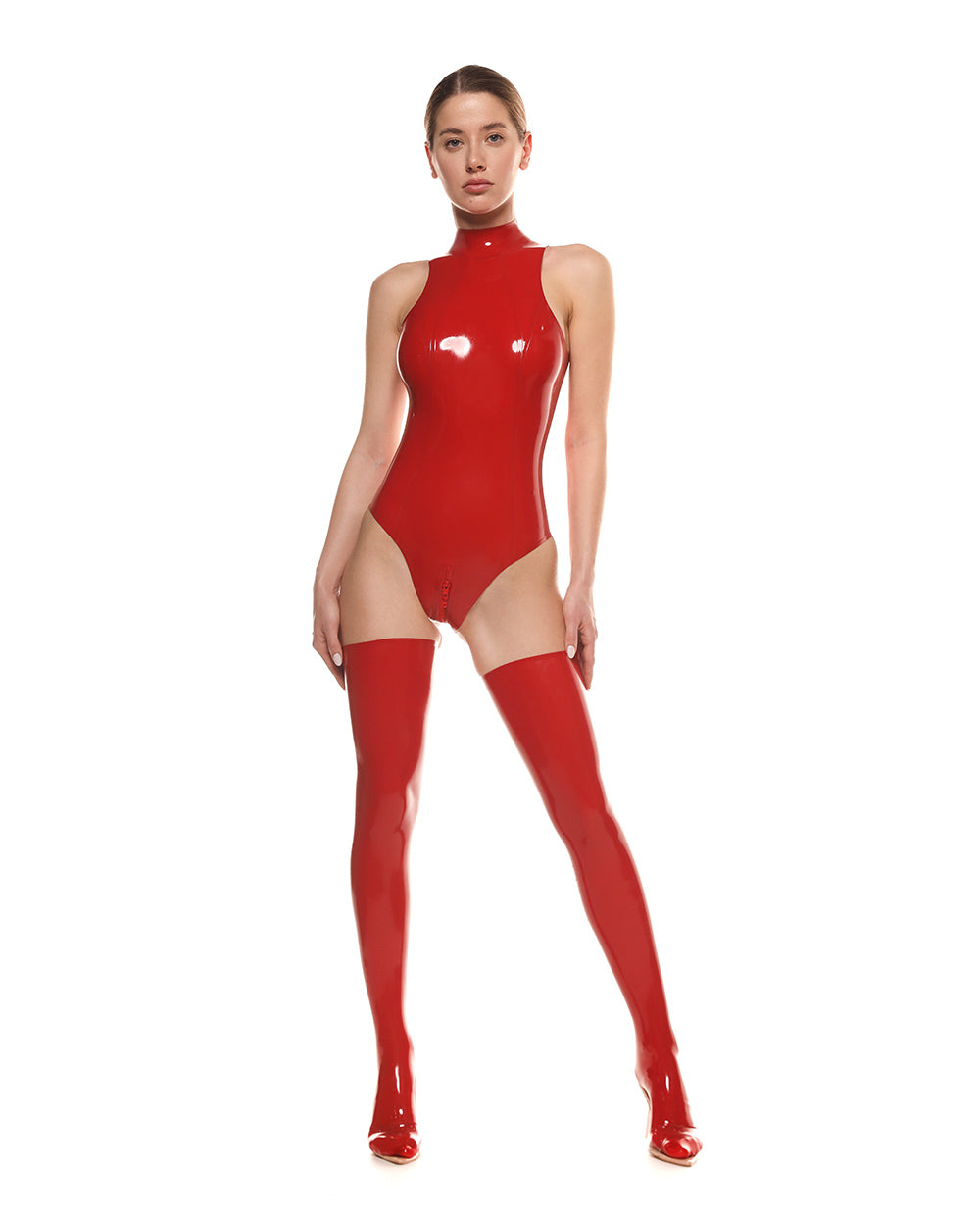 Mock Neck Red Latex Skinny Jumpsuits