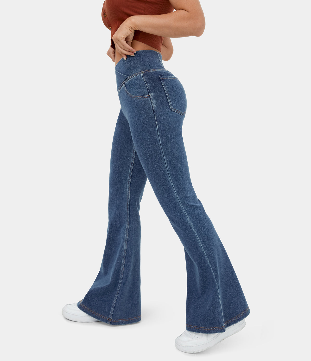 High Waisted Crossover Pocket Stretchy Denim Super Flare Pants